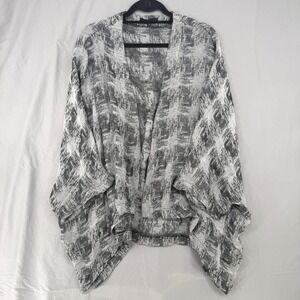 Yushi Womens XL Gray Linen Blend Abstract Open Front Kimono Cardigan Made in USA